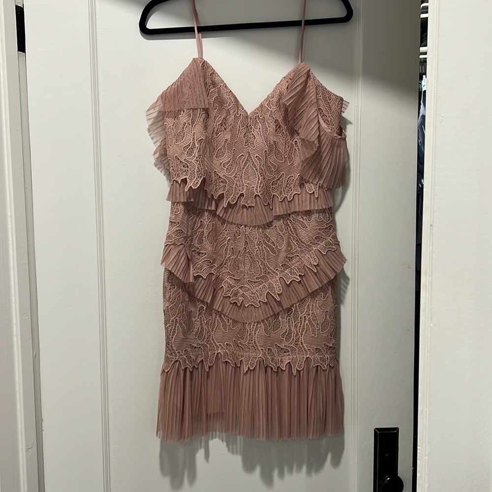 Bardot chiffon and lace dress in blush